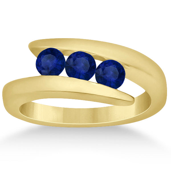Blue Sapphire 3 Stone Journey Ring Tension Set 14K Yellow Gold 0.90ctw
