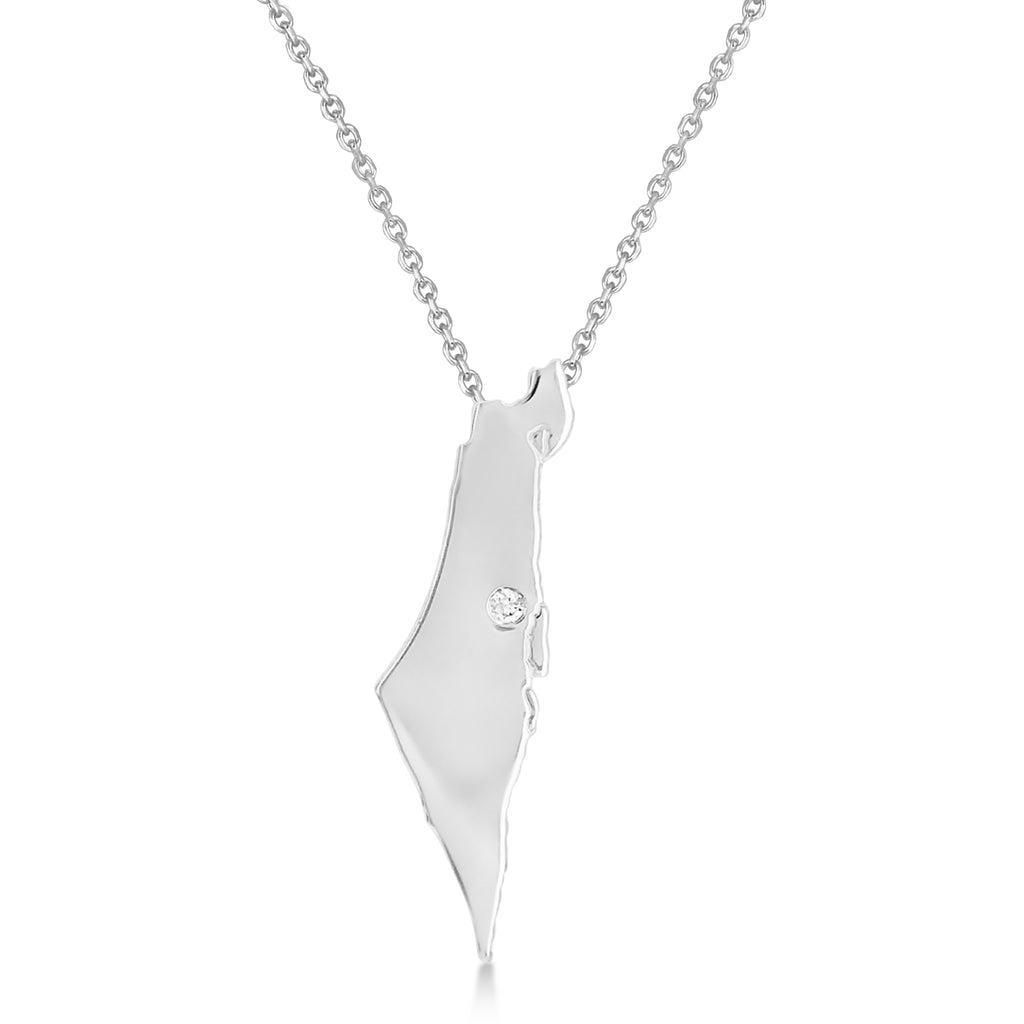 Diamond Israel Map Pendant Necklace 14K White Gold (0.02ct)