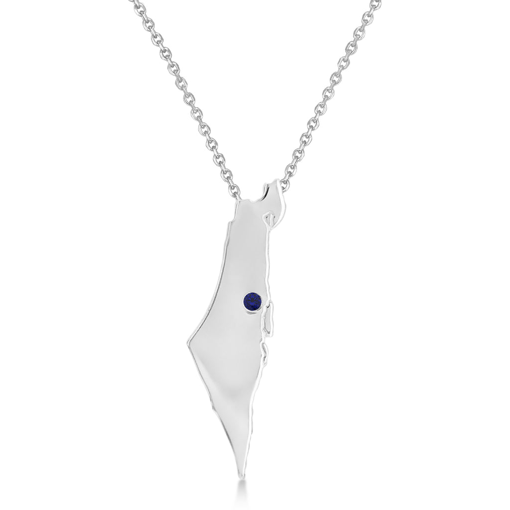 Blue Sapphire Israel Map Pendant Necklace 14K White Gold (0.01ct)