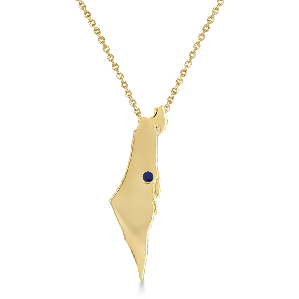 Blue Sapphire Israel Map Pendant Necklace 14K Yellow Gold (0.01ct)