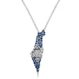 Diamond & Blue Sapphire Jewish Star Israel Map Pendant Necklace 14K White Gold (0.49ct)