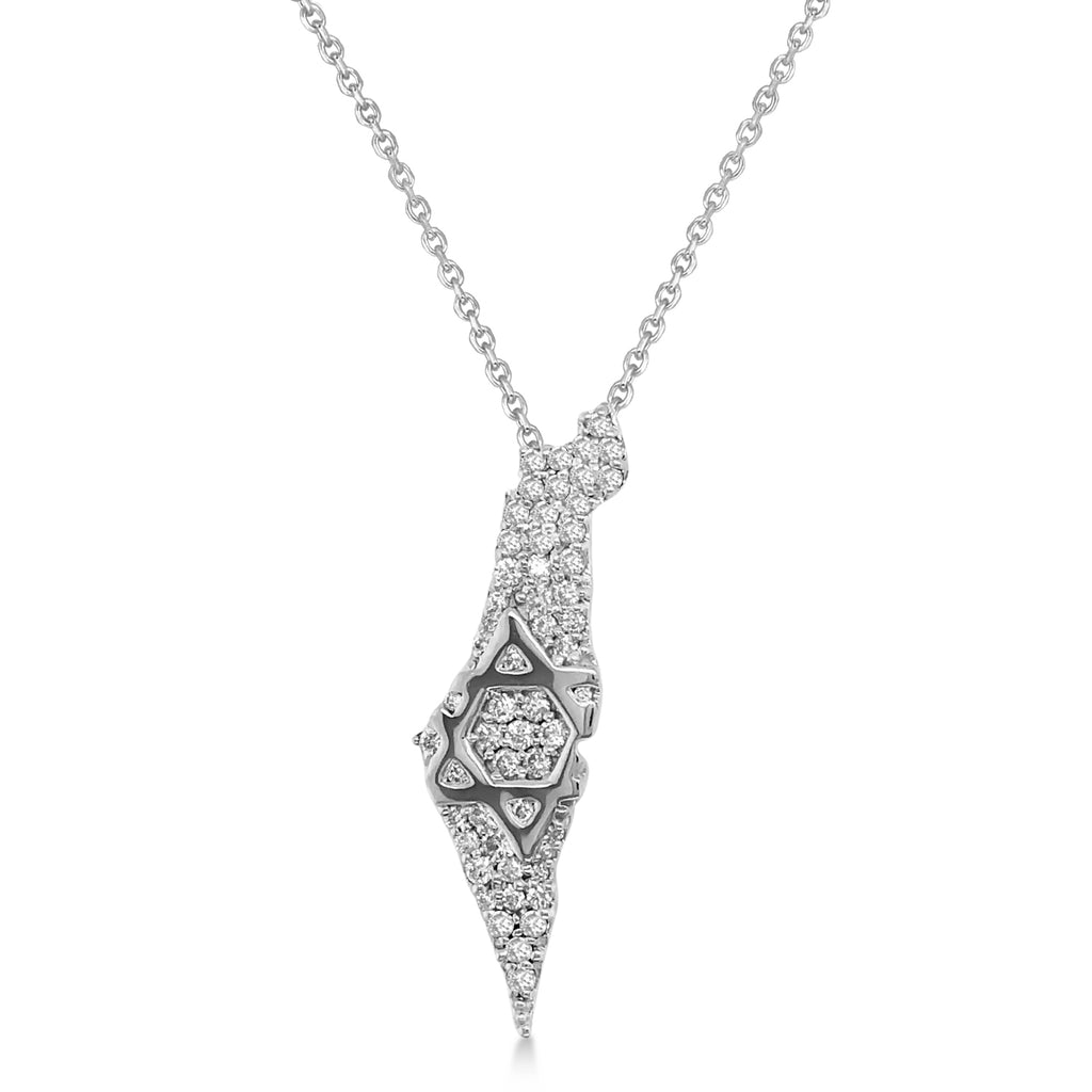 Diamond Jewish Star Israel Map Pendant Necklace 14K White Gold (0.38ct)
