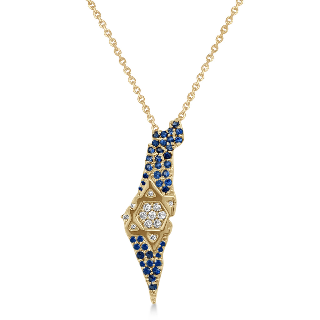Diamond & Blue Sapphire Jewish Star Israel Map Pendant Necklace 14K Yellow Gold (0.49ct)