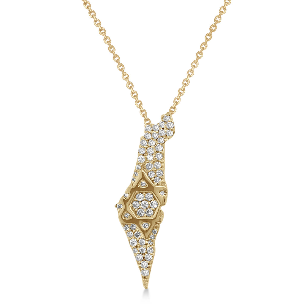 Diamond Jewish Star Israel Map Pendant Necklace 14K Yellow Gold (0.38ct)