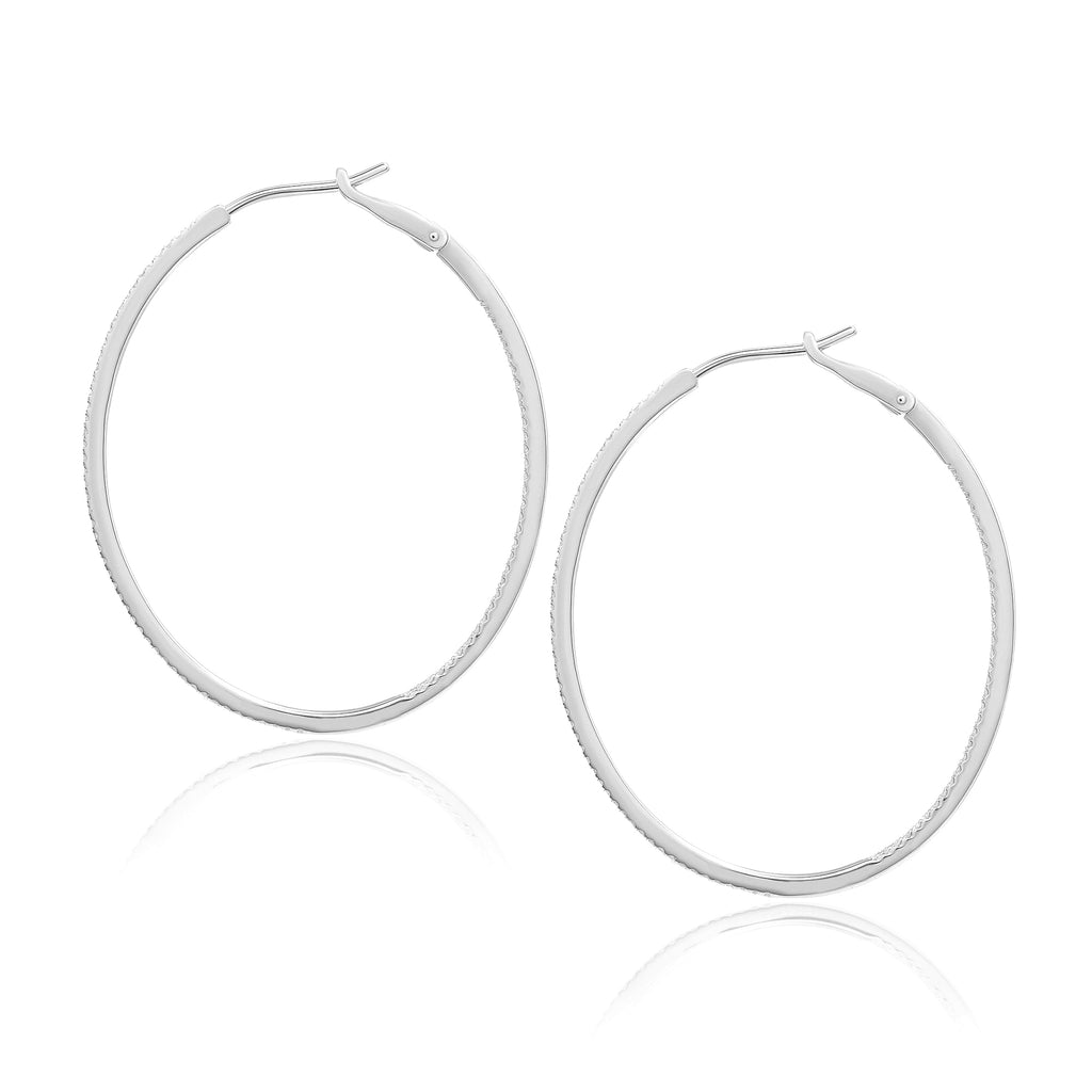 Diamond 42mm Oval Skinny Hoop Earrings 14K White Gold (0.48CT)