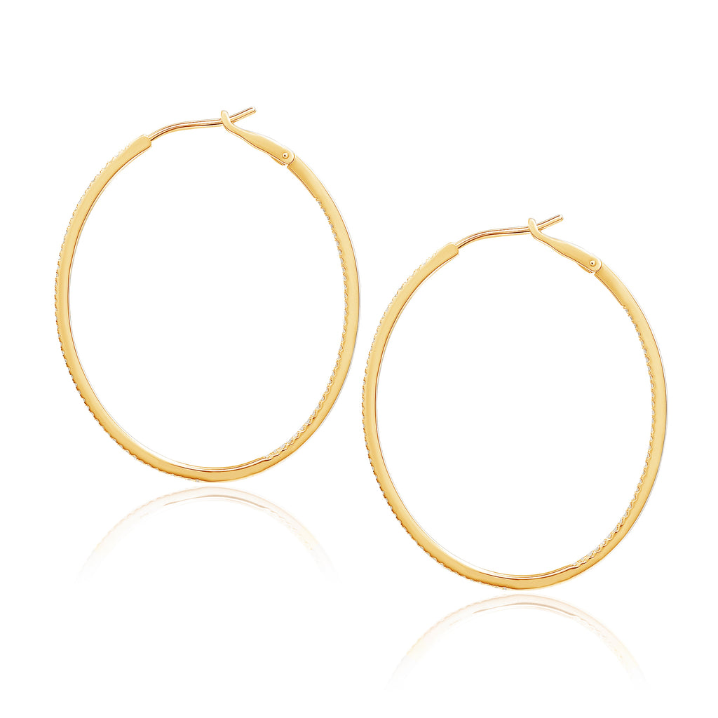Diamond 42mm Oval Skinny Hoop Earrings 14K Yellow Gold (0.48CT)