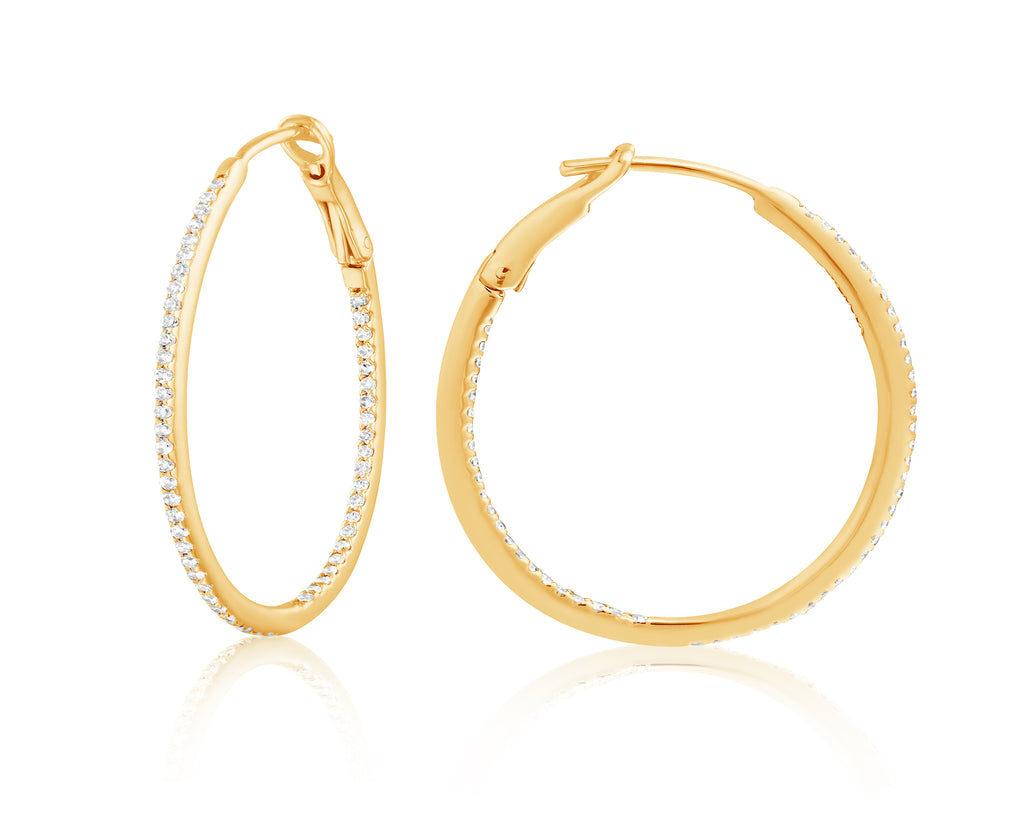 Diamond 30mm Round Skinny Hoop Earrings 14K Yellow Gold (0.26CT)