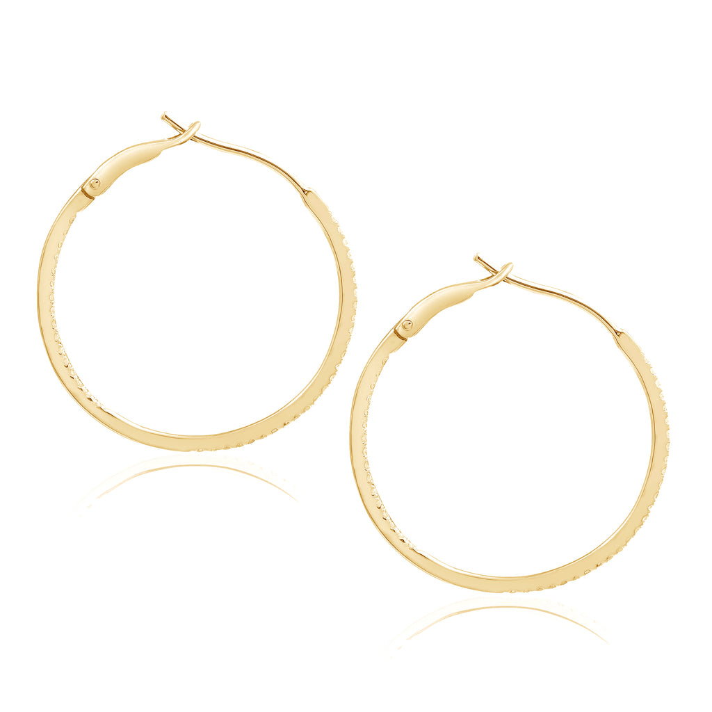 Diamond 30mm Round Skinny Hoop Earrings 14K Yellow Gold (0.26CT)