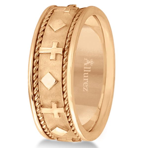Handmade Wedding Band With Crosses in 14k Rose Gold (8.5mm)