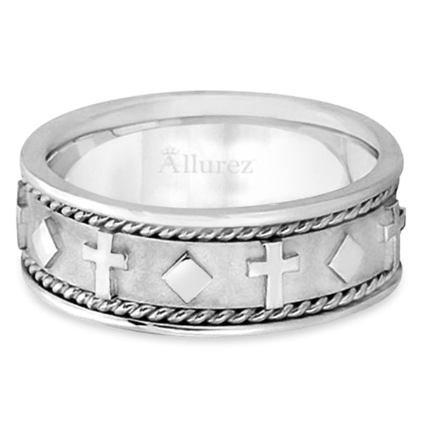 Handmade Wedding Band With Crosses in 14k White Gold (8.5mm)