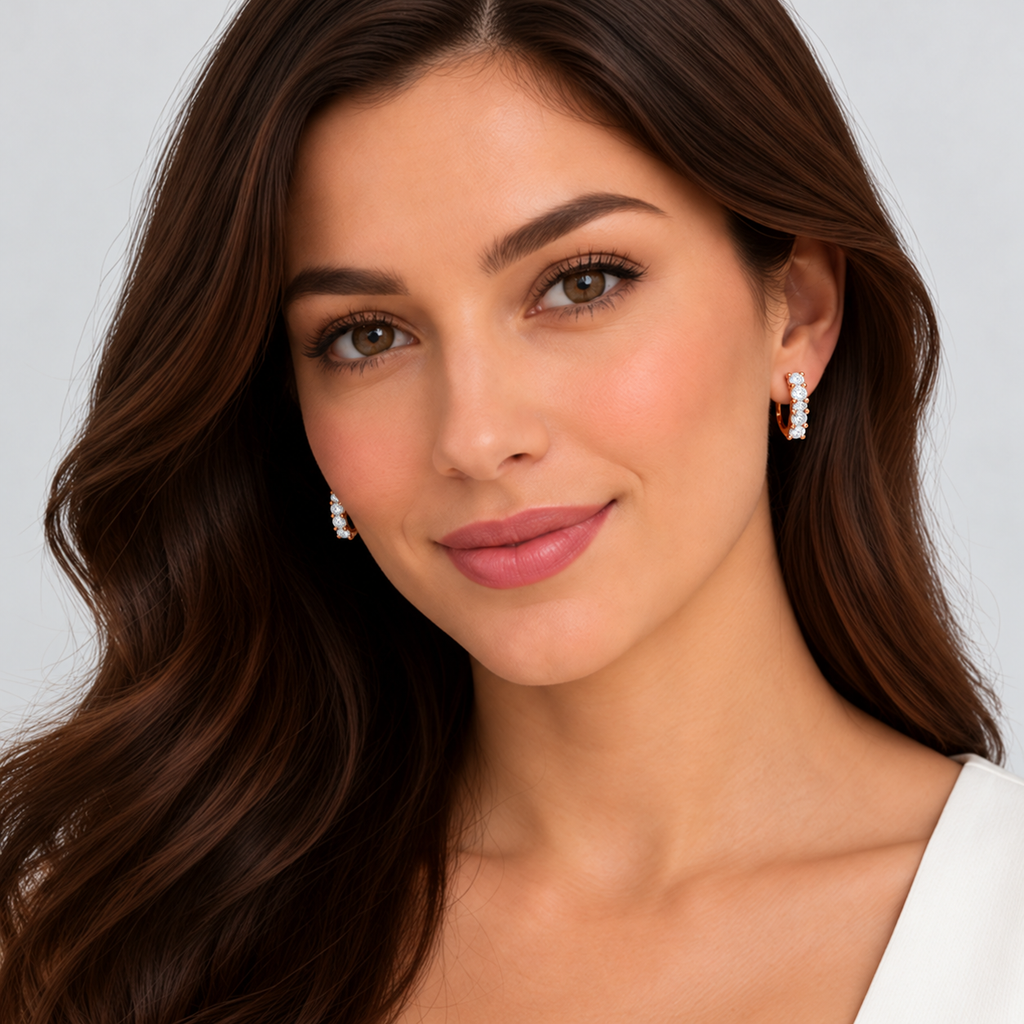 IE599 diamond huggie earrings worn on model