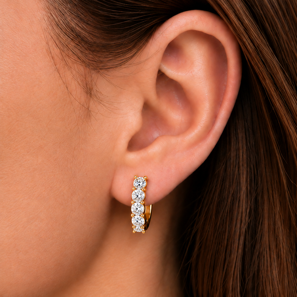 IE607 diamond huggie earrings worn on model