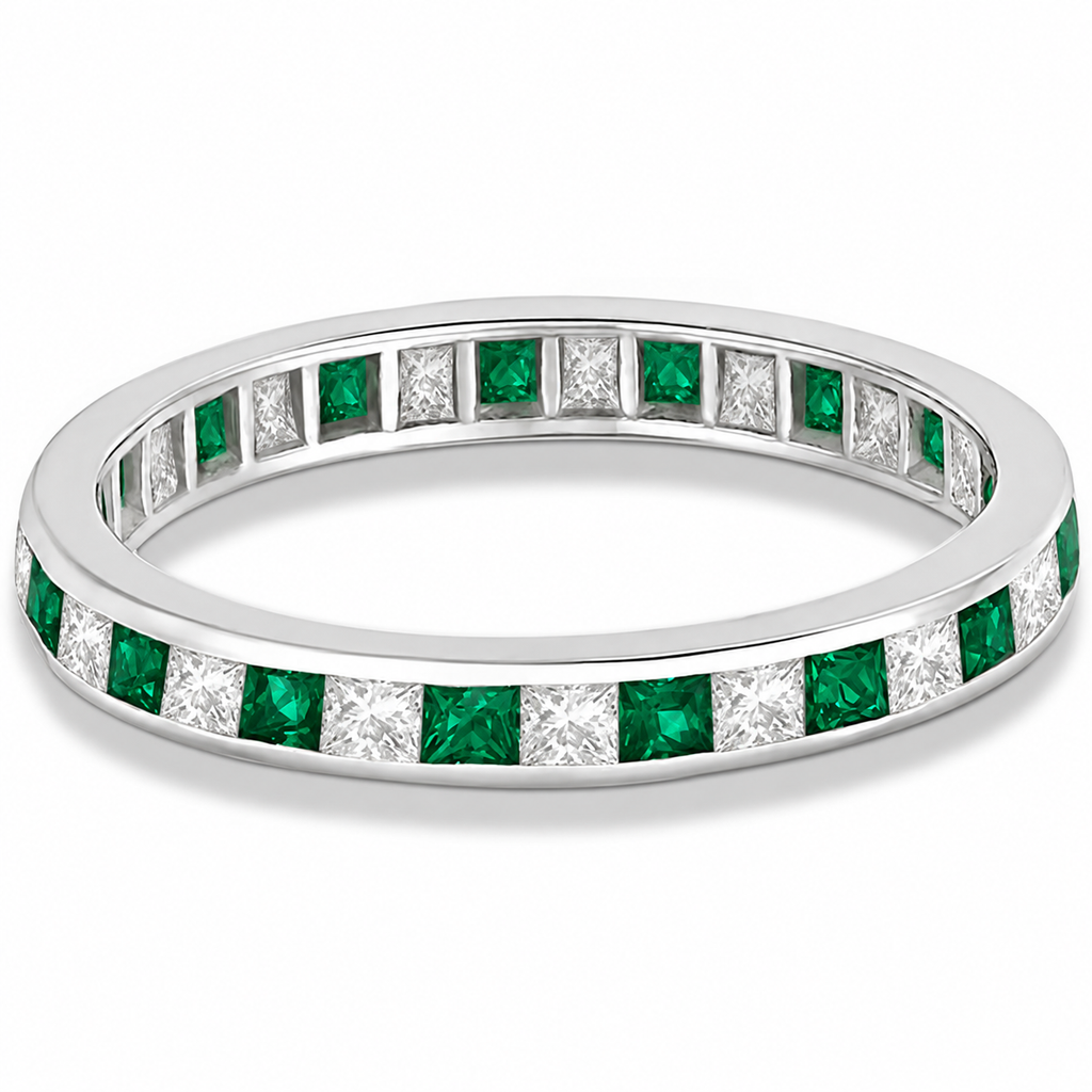 Lab emerald and lab-grown diamond princess-cut eternity ring in 14k white gold — alternate product view
