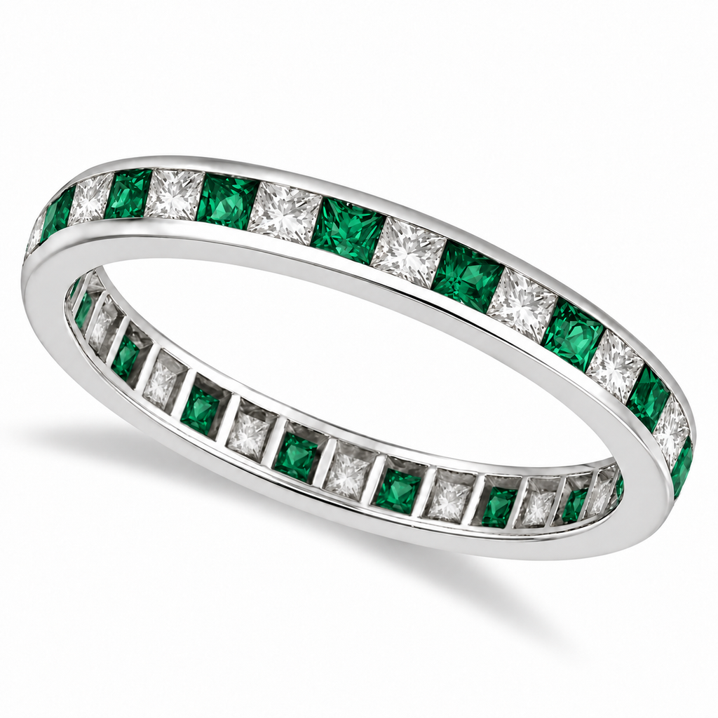 Lab emerald and lab-grown diamond princess-cut eternity ring in 14k white gold — main product view