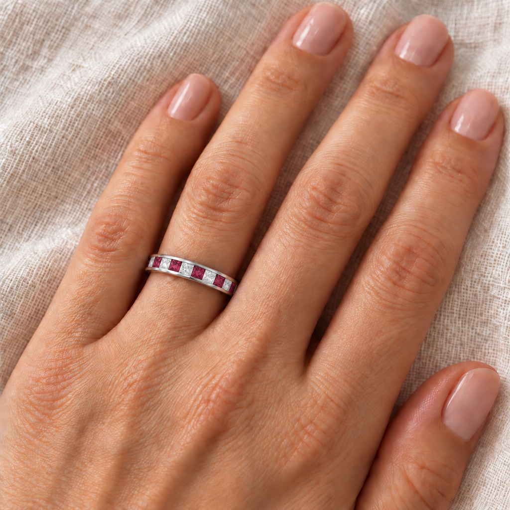 Princess-Cut Lab Ruby & Diamond Eternity Ring 14k White Gold (1.26ct) — 3 mm band on left ring finger, ivory linen close-up