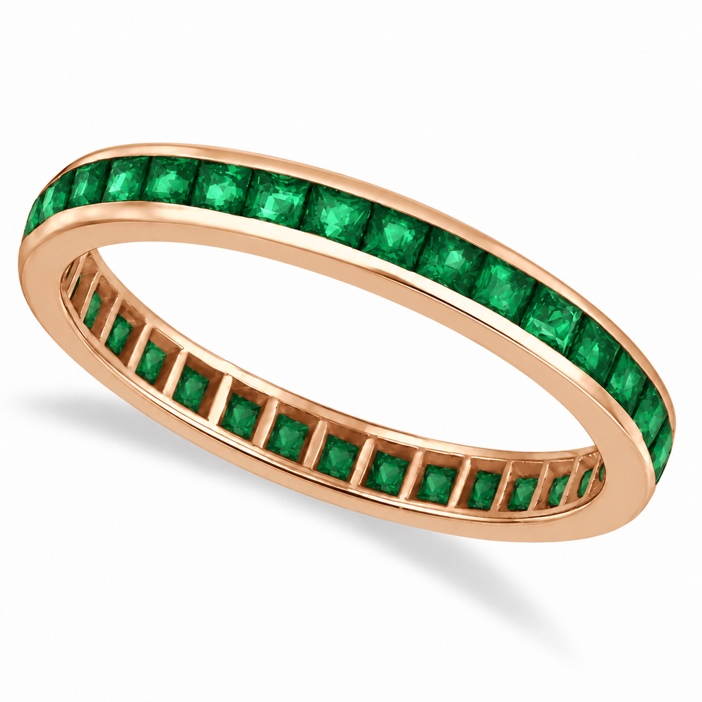 Lab emerald princess-cut eternity band in 14k rose gold — main product view