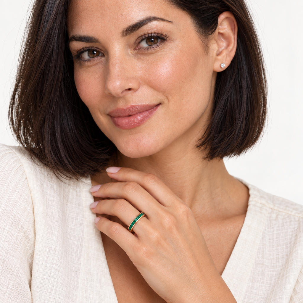Lab emerald princess-cut 3 mm eternity band in 14k rose gold — studio portrait