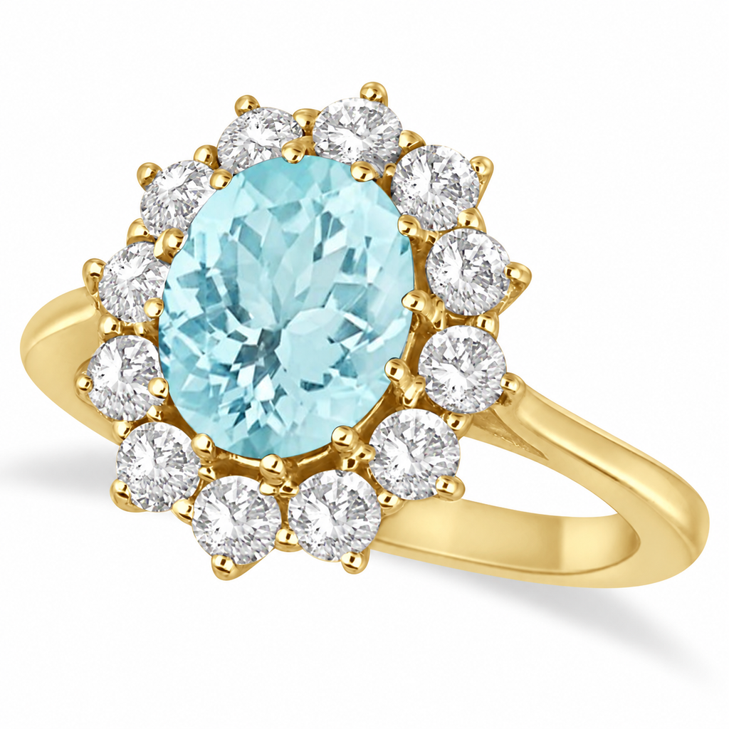 Natural pale blue oval aquamarine and twelve diamond halo ring in 14k yellow gold, main view