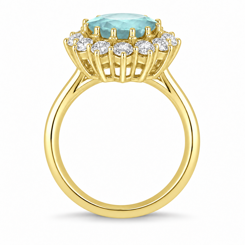 Natural pale blue oval aquamarine and twelve-diamond halo ring in 14k yellow gold, true side profile with circular shank and soft gray contact shadow