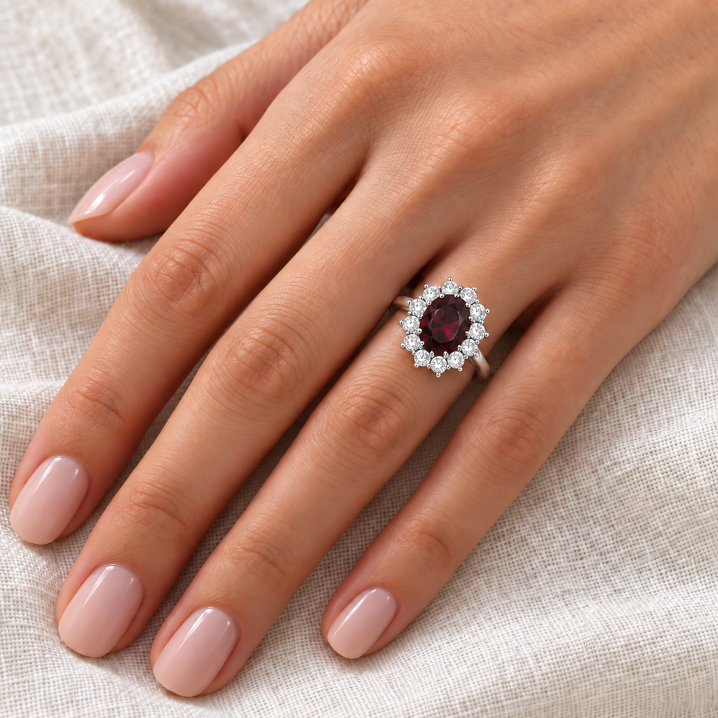 Garnet and diamond halo ring on left ring finger, ivory linen closeup