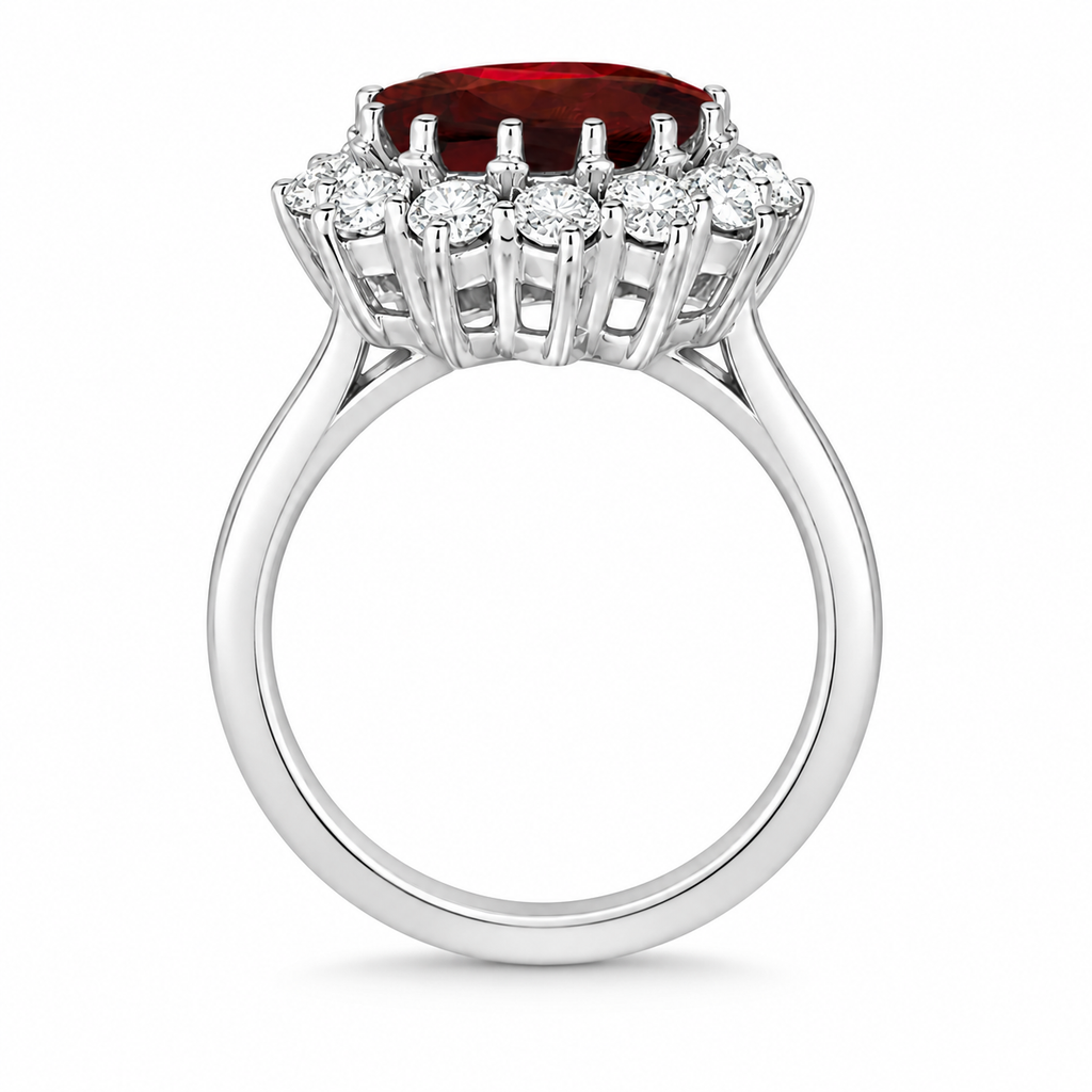 Oval garnet and twelve-diamond halo ring in 14k white gold, round shank and original open-basket side profile on white
