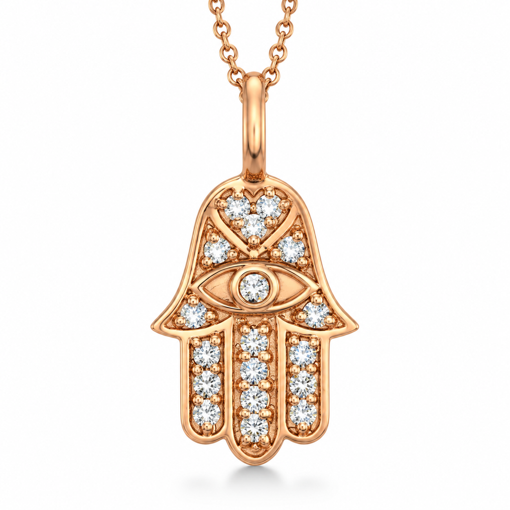Diamond Hamsa Pendant Necklace 14k Rose Gold (0.16ct)