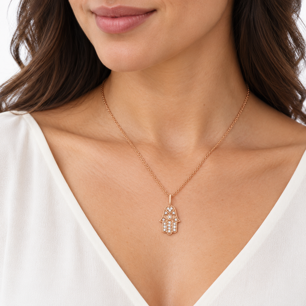Diamond Hamsa Pendant Necklace 14k Rose Gold (0.16ct)