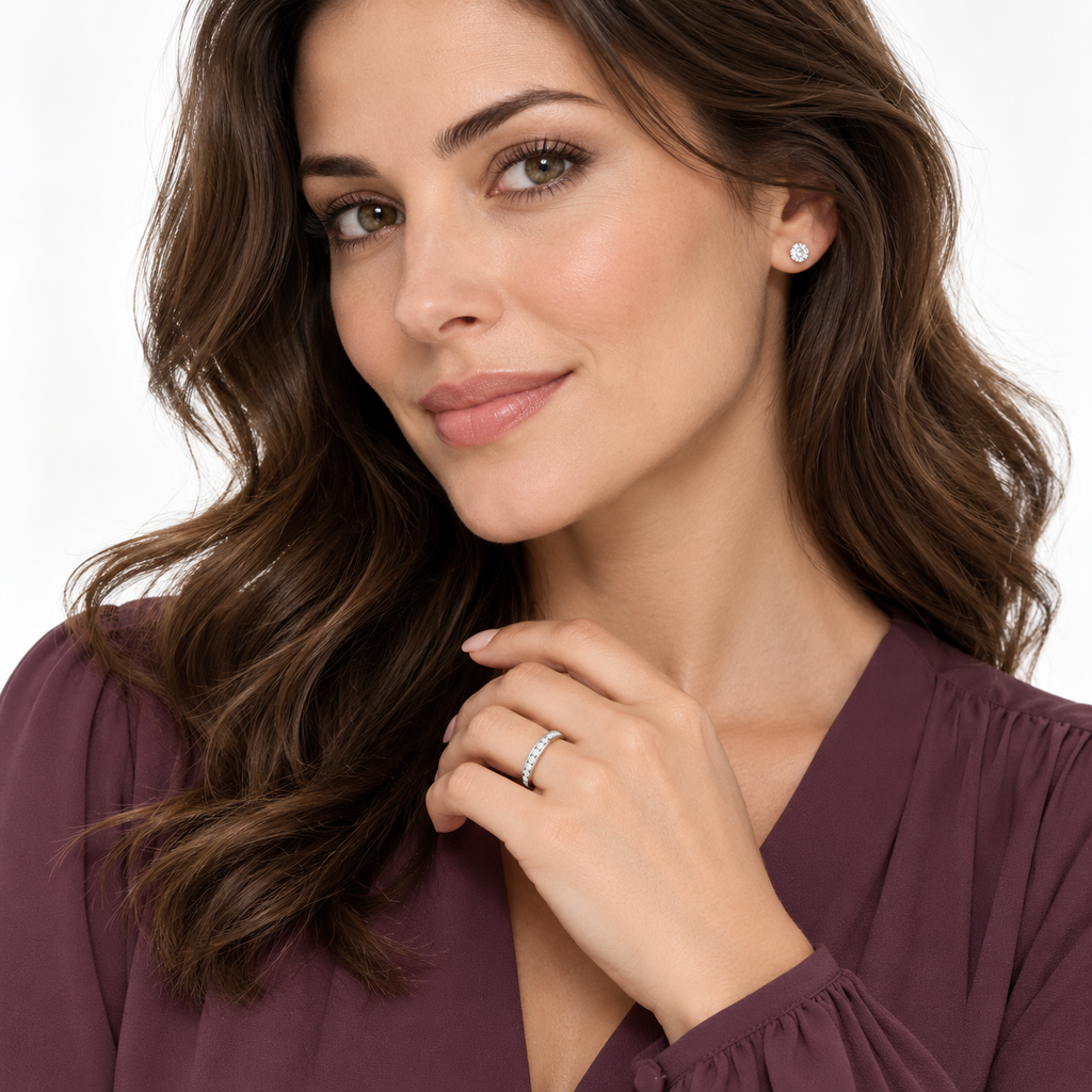 Diamond channel-set eternity band in palladium on model, plum studio portrait