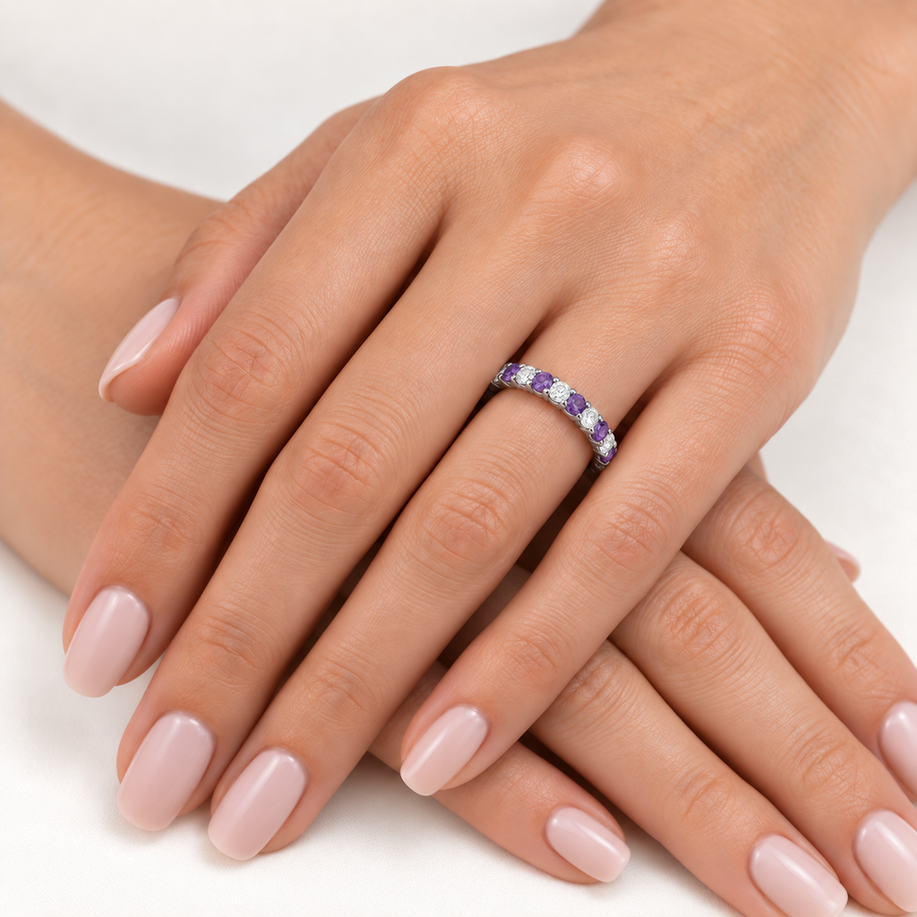 Eternity Diamond & Amethyst Ring Band in 14k White Gold (2.40ct) — Close-up on left ring finger over ivory linen