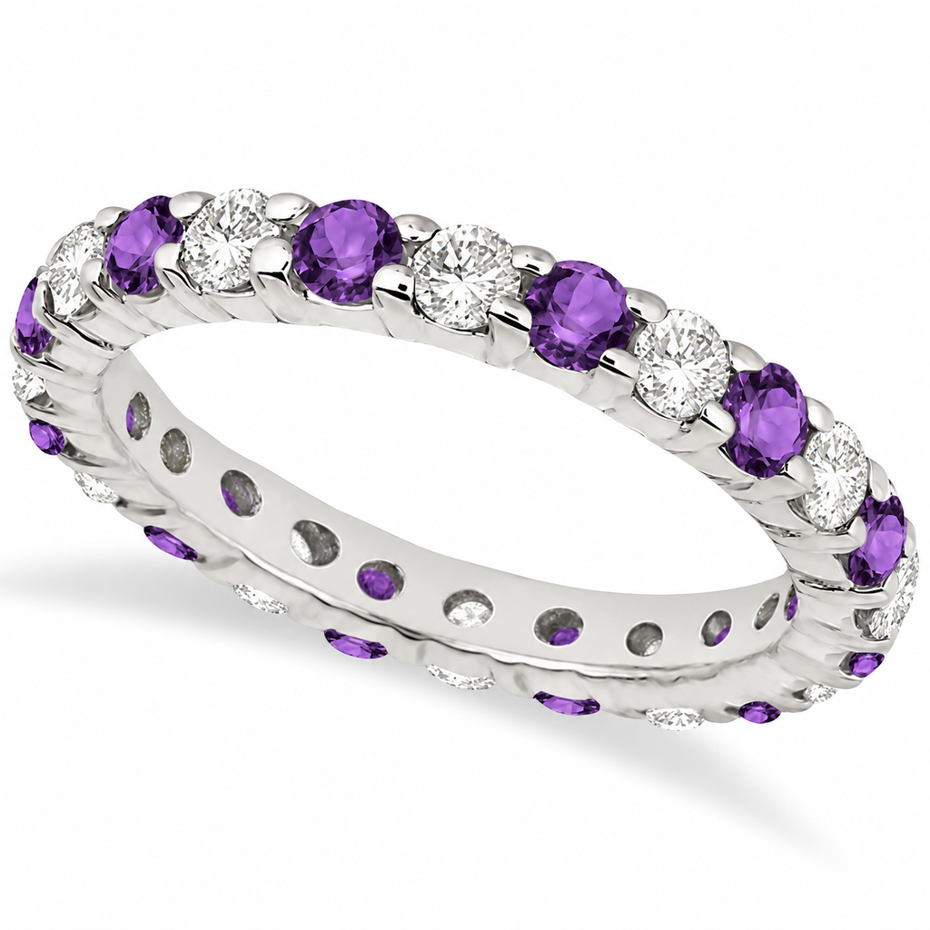 Eternity Diamond & Amethyst Ring Band in 14k White Gold (2.40ct) — Angled product view on white