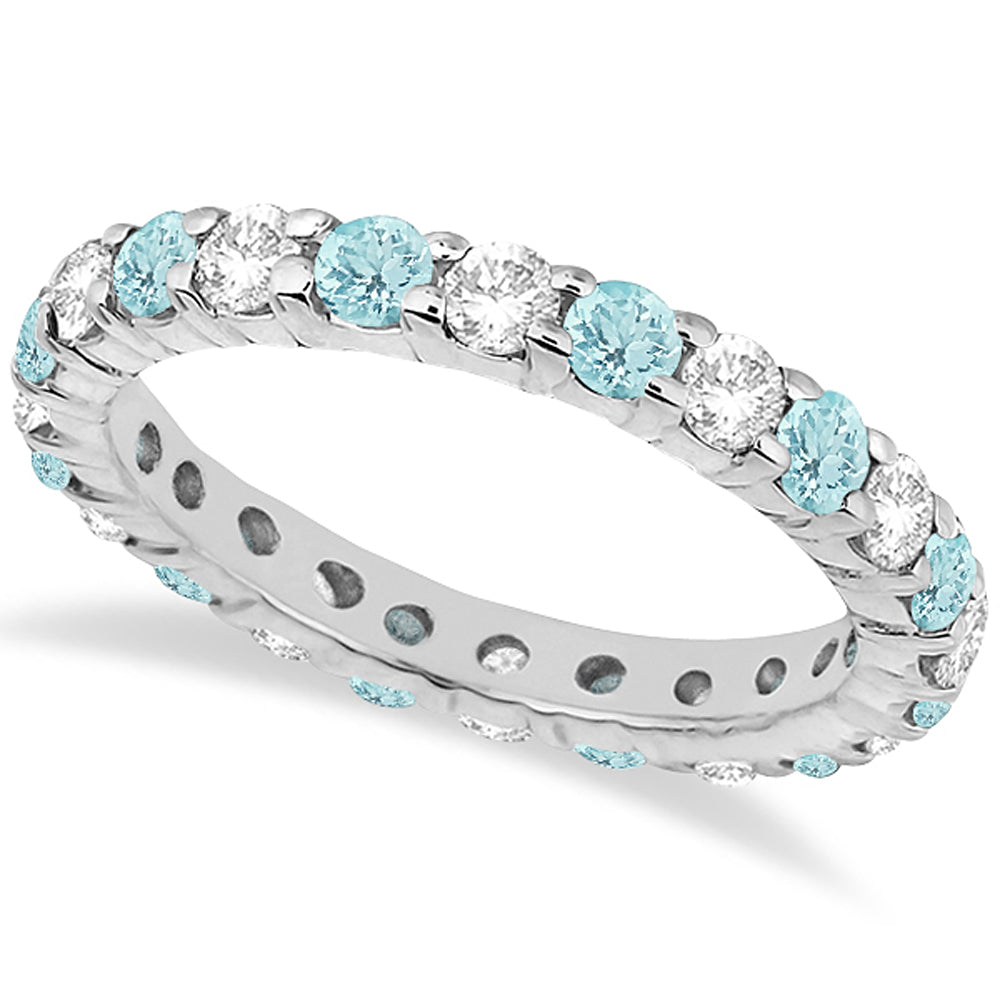 Lab-grown aquamarine and lab diamond eternity ring in 14k white gold