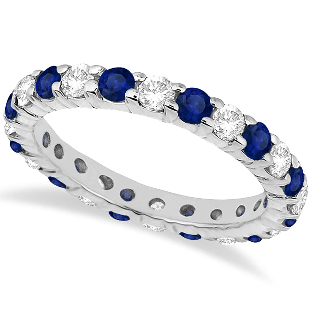Blue sapphire and diamond eternity ring in 14k white gold