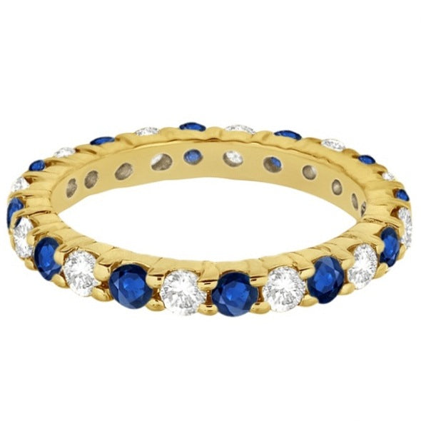 Lab-grown blue sapphire and lab-grown diamond 3mm eternity ring band in 14k yellow gold, alternate profile
