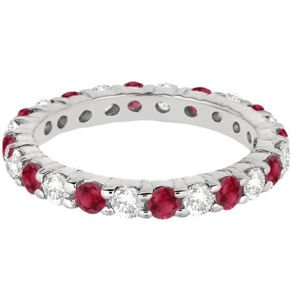 Natural garnet and diamond 3mm eternity ring band in 14k white gold, alternate profile