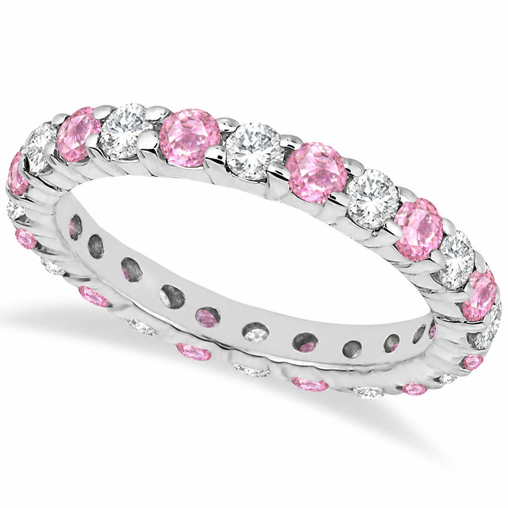 Natural pastel pink sapphire and diamond 3mm eternity ring band in 14k white gold, main view