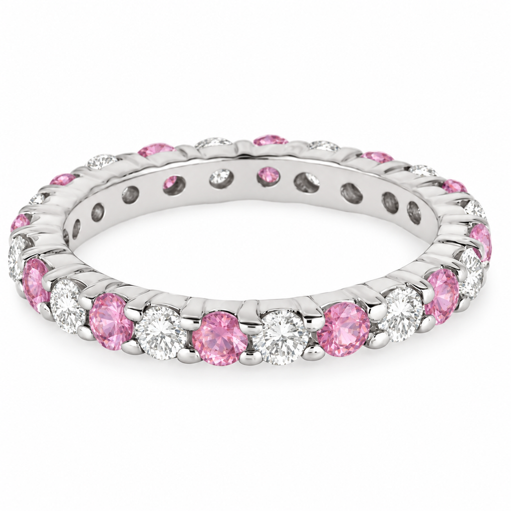 Natural pastel pink sapphire and diamond 3mm eternity ring band in 14k white gold, alternate profile