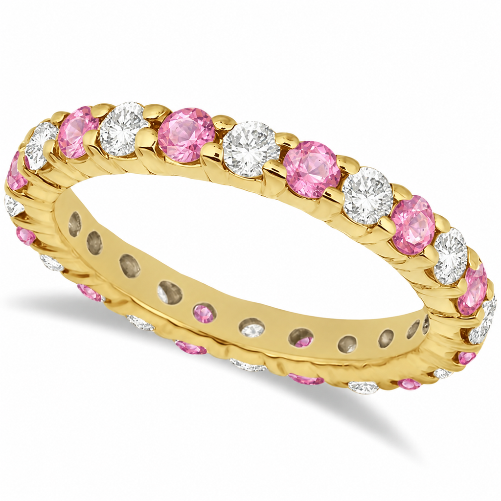 Lab-grown pastel pink sapphire and lab-grown diamond 3mm eternity ring band in 14k yellow gold, main view
