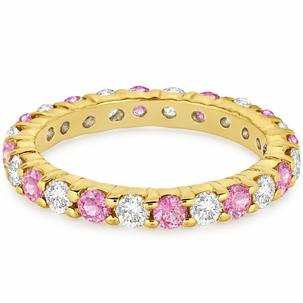 Lab-grown pastel pink sapphire and lab-grown diamond 3mm eternity ring band in 14k yellow gold, alternate profile