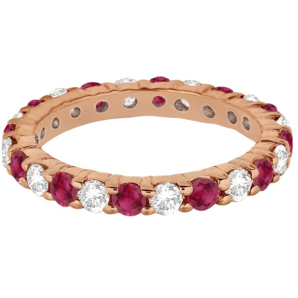 Lab-grown ruby and lab-grown diamond 3mm eternity ring band in 14k rose gold, alternate profile
