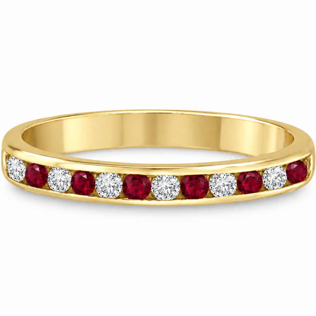 Ruby and diamond semi-eternity channel ring in 14k yellow gold, alternate front view
