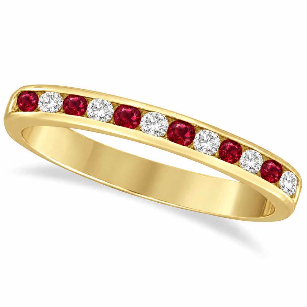 Ruby and diamond semi-eternity channel ring in 14k yellow gold, enhanced product main view