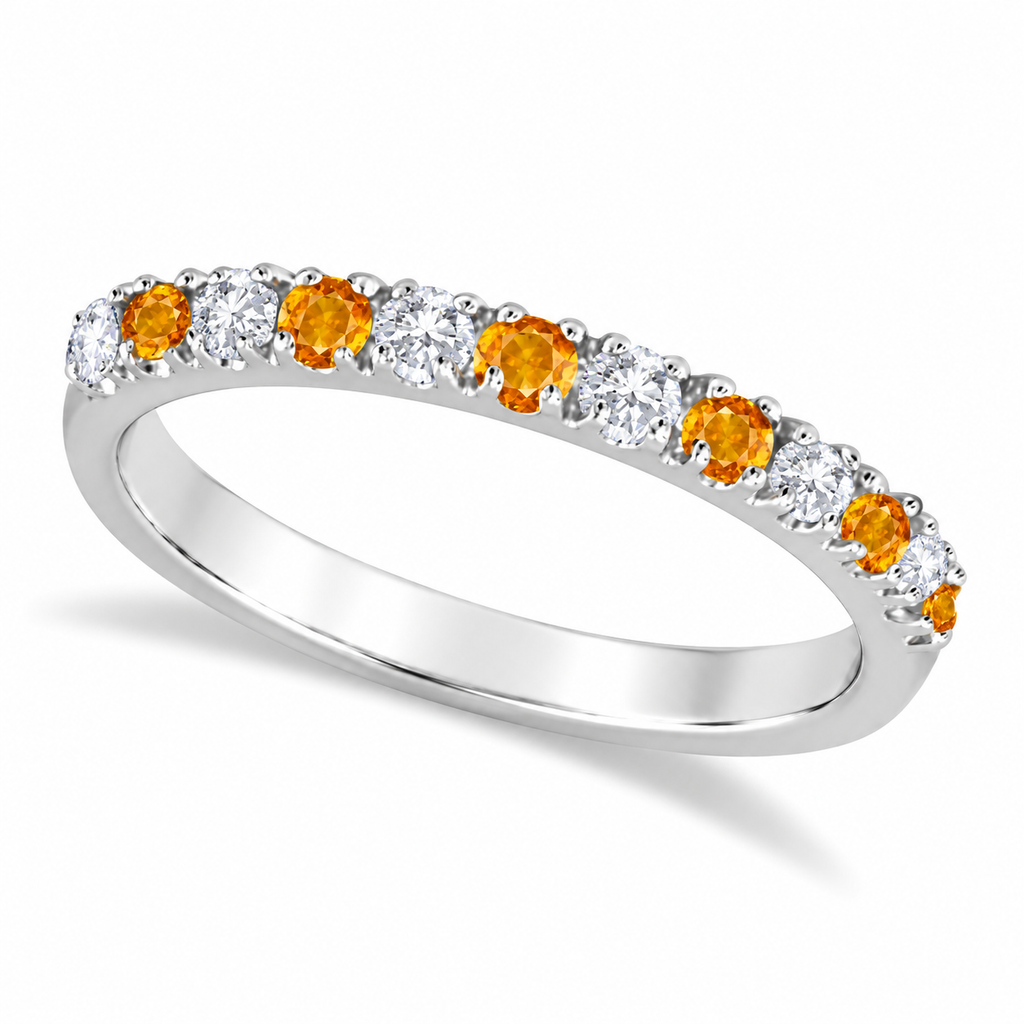 Citrine and diamond 2mm band in 14k white gold — main view