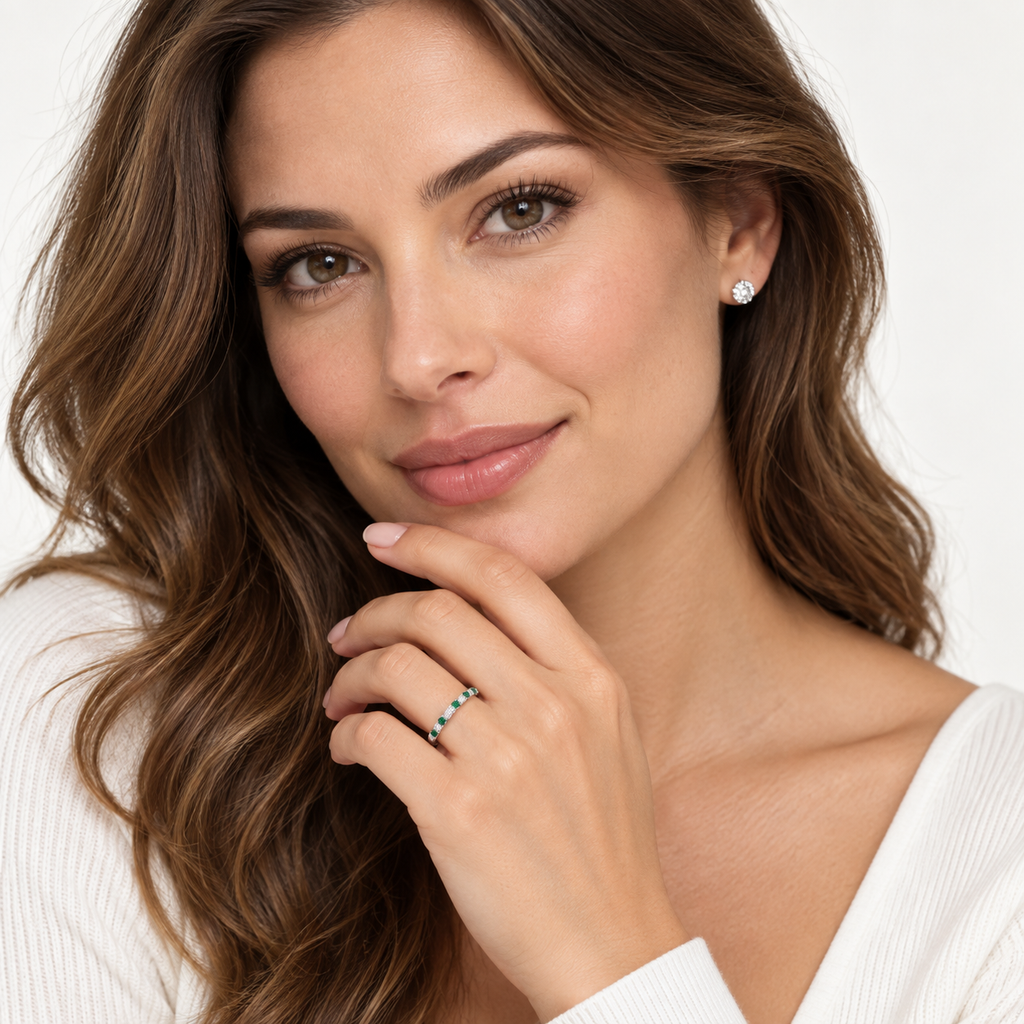 Lab emerald and lab diamond 2mm band in 14k white gold — professional studio portrait with diamond studs