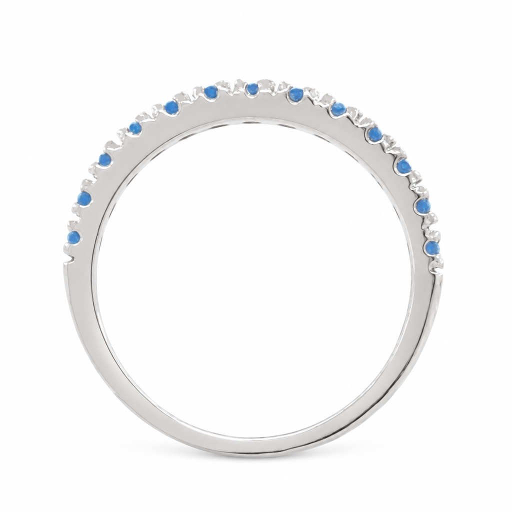 Blue diamond 14k white gold stackable band — edge-on side profile with polished metal and soft contact shadow