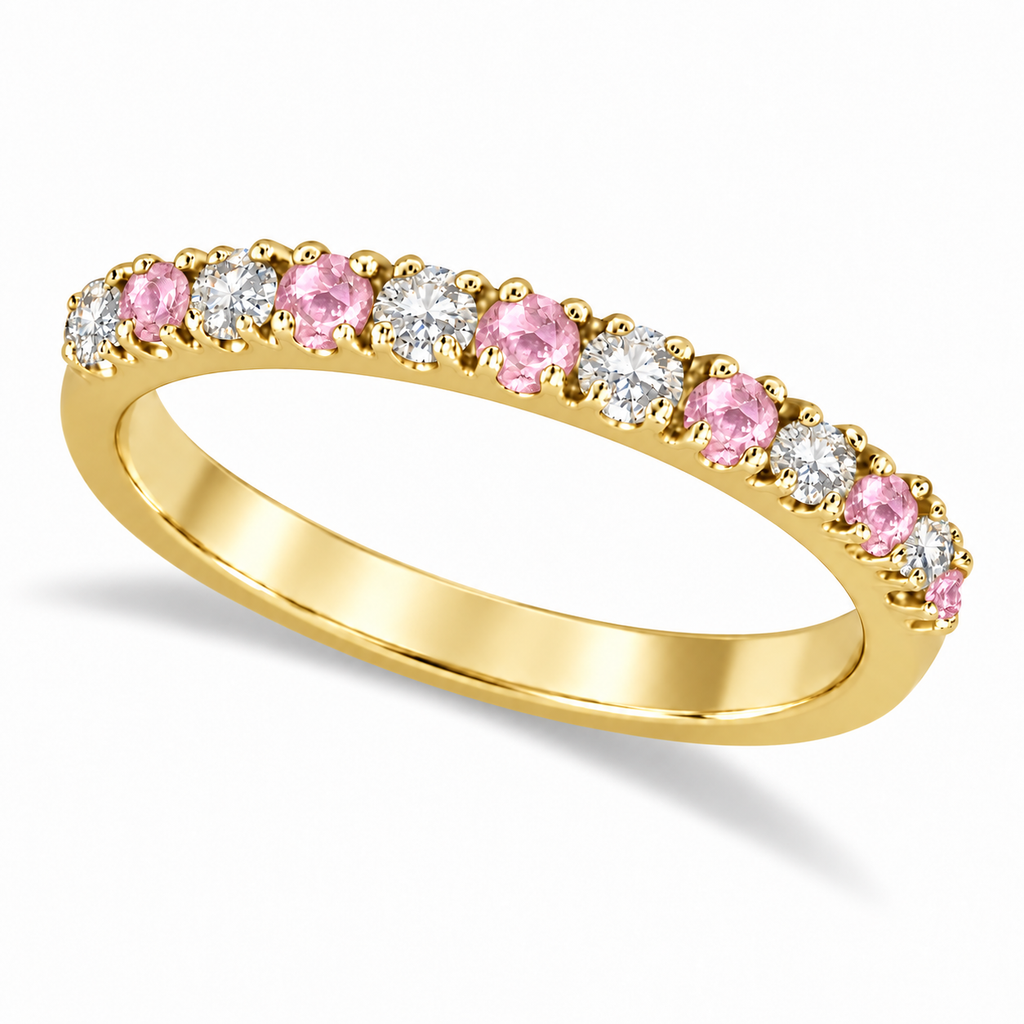 Lab-grown pink sapphire and lab-grown diamond 2 mm band in 14k yellow gold — main