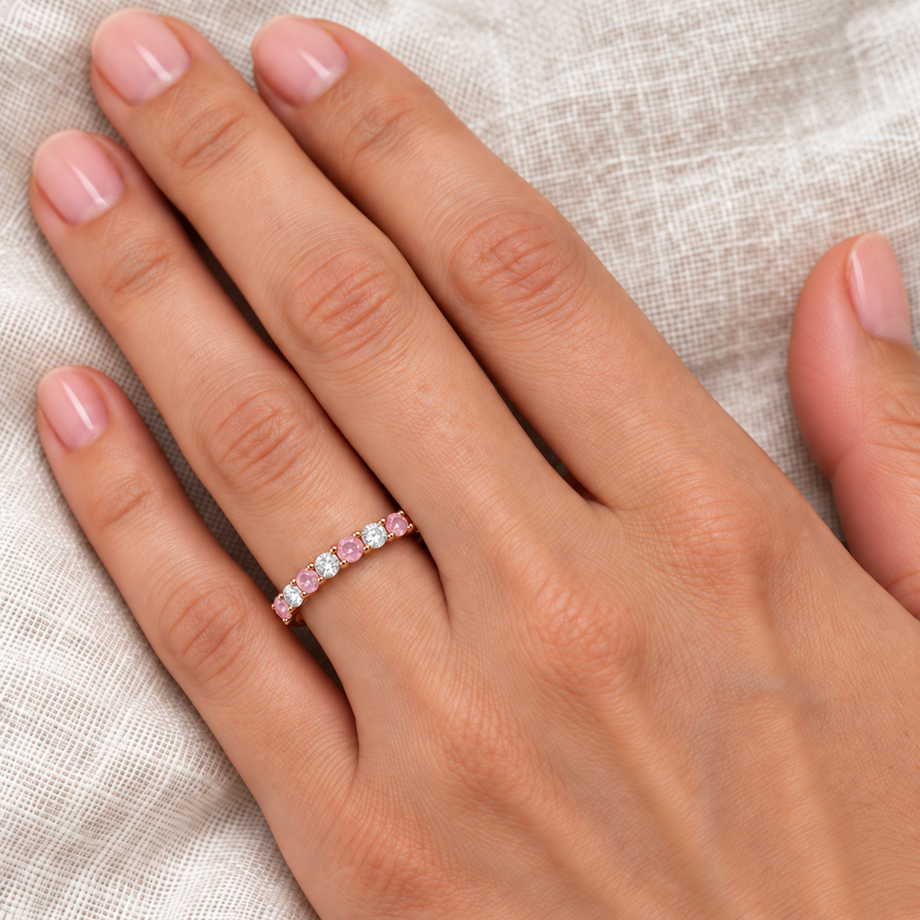 Lab Diamond and Lab Pink Sapphire Ring Guard Stackable 14k Rose Gold (0.32ct) — 2mm band on left ring finger, ivory linen closeup