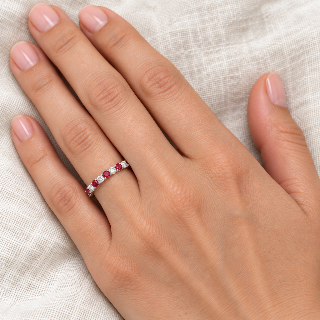 Natural ruby and diamond 2 mm band in 14k white gold — closeup