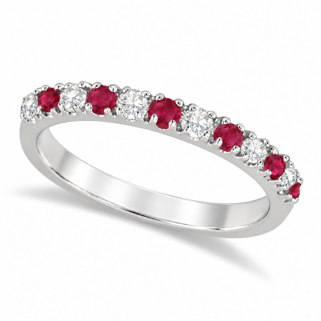 Natural ruby and diamond 2 mm band in 14k white gold — main