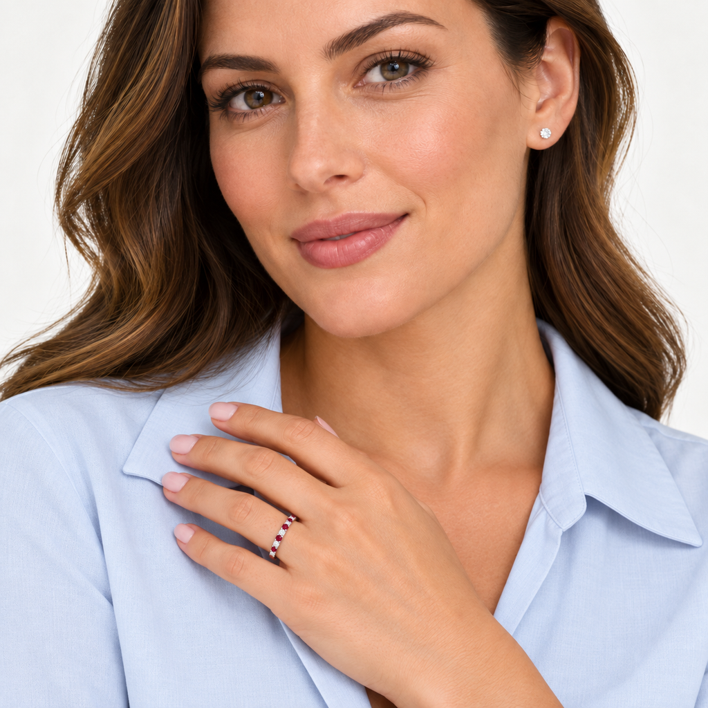 Natural ruby and diamond 2 mm band in 14k white gold — portrait