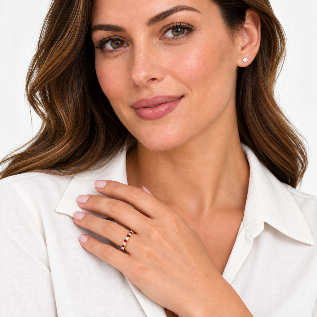 Lab-grown ruby and lab-grown diamond 2 mm band in 14k yellow gold — portrait